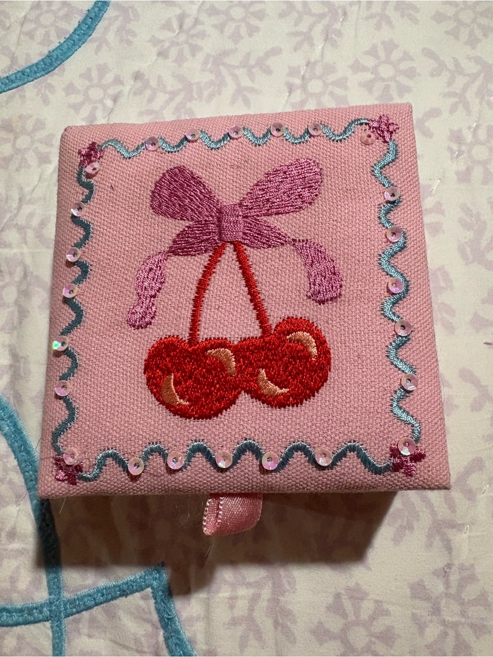 Pink Embroidered Cherry Jewelry Box